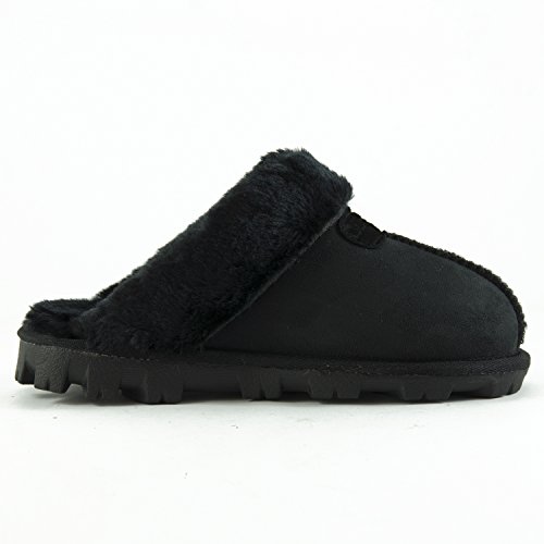 CLPP'LI Womens Slip on Faux Fur Warm Winter Mules Fluffy Suede Comfy Slippers-Black-8