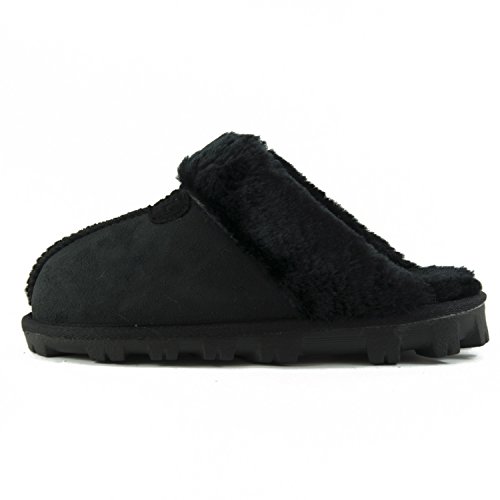 CLPP'LI Womens Slip on Faux Fur Warm Winter Mules Fluffy Suede Comfy Slippers-Black-8