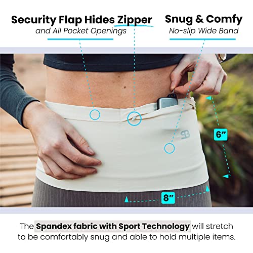 StashBandz Unisex Travel Money Belt, Running Belt, Fanny and Waist Pack, 4 Large Security Pockets and Zipper, Fits All Size Phones Passport and More