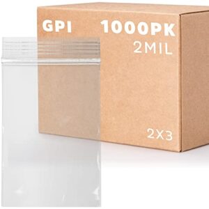 gpi - 1000 count, 2" x 3" clear plastic resealable zip bags, bulk 2 mil, strong & durable poly baggies with resealable zip top lock for travel, storage, packaging & shipping