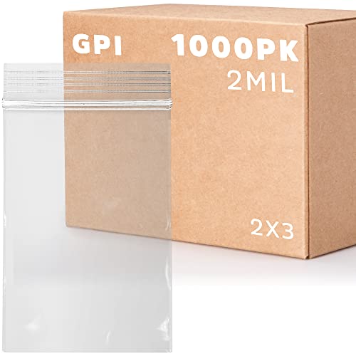 GPI - 1000 Count, 2" X 3" Clear Plastic Resealable Zip Bags, Bulk 2 Mil, Strong & Durable Poly Baggies with Resealable Zip Top Lock for Travel, Storage, Packaging & Shipping