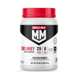 muscle milk 100% whey protein powder - unflavored - 1 pound, 12 servings - contains 25g protein and 6g fiber - no added sweeteners, flavors, or colors - nsf certified for sport - packaging may vary