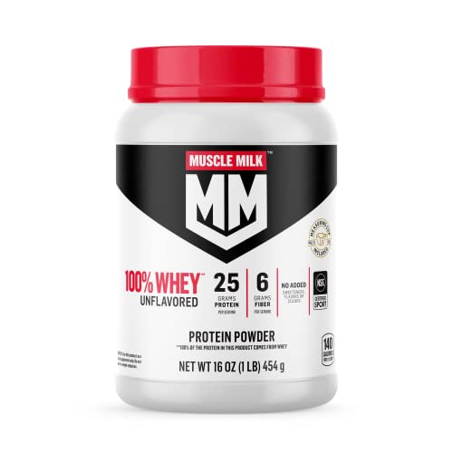 Muscle Milk 100% Whey Protein Powder - Unflavored - 1 Pound, 12 Servings - Contains 25g Protein and 6g Fiber - No Added Sweeteners, Flavors, or Colors - NSF Certified for Sport - Packaging May Vary