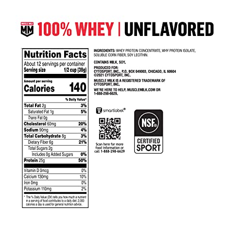 Muscle Milk 100% Whey Protein Powder - Unflavored - 1 Pound, 12 Servings - Contains 25g Protein and 6g Fiber - No Added Sweeteners, Flavors, or Colors - NSF Certified for Sport - Packaging May Vary