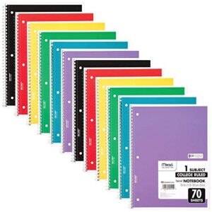 mead spiral notebooks, 12 pack, 1-subject, college ruled paper, 10-1/2" x 8", 70 sheets per notebook, color will vary (73703)