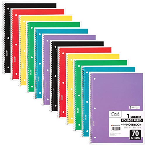 Mead Spiral Notebooks, 12 Pack, 1-Subject, College Ruled Paper, 10-1/2" x 8", 70 Sheets per Notebook, Color Will Vary (73703)