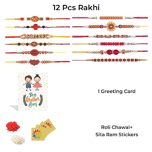 Craftsman 12 Pc Rakhi for Brother Bhaiya Bhabhi Traditional Handmade Assorted Designer Rakhi Set Roli Chawal, Greeting Card & Soun Stickers Rakhi Thread Rakhdi Bracelets Rakshabandhan (DESIGN 1)