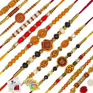 Craftsman 12 Pc Rakhi for Brother Bhaiya Bhabhi Traditional Handmade Assorted Designer Rakhi Set Roli Chawal, Greeting Card & Soun Stickers Rakhi Thread Rakhdi Bracelets Rakshabandhan (DESIGN 1)