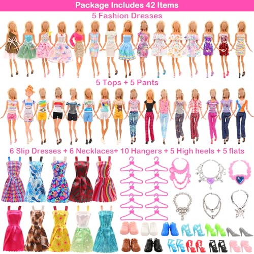 BARWA 41 Pack Doll Clothes and Accessories 5 PCS Fashion Dresses 5 Tops 5 Pants Outfits 10 PCS Mini Dresses 10shoes 6 Necklace 5 Glasses for 11.5 inch Doll