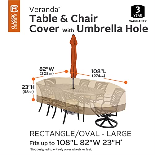 Classic Accessories Veranda Patio Table Cover with Umbrella Hole Pebble/Large/Rectangular/Oval, Outdoor Table Cover