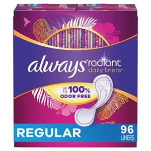 always radiant daily liners regular absorbency unscented, up to 100% odor-free, 96 count