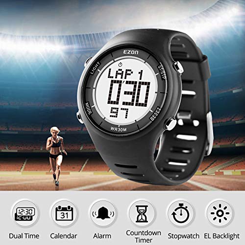 EZON Digital Sport Watch for Outdoor Running with Countdown Timer and Stopwatch Waterproof Mens Black Watch Black L008A11