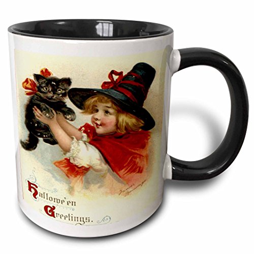 3dRose mug_47024_4 "Halloween Greetings - cat, cute, girl, costume, halloween, trick or treat, witch" Two Tone Black Mug, 11 oz, Multicolor