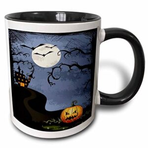 3drose mug_65453_4 "halloween haunted house with moon, tree, and pumpking" two tone black mug, 11 oz, multicolor