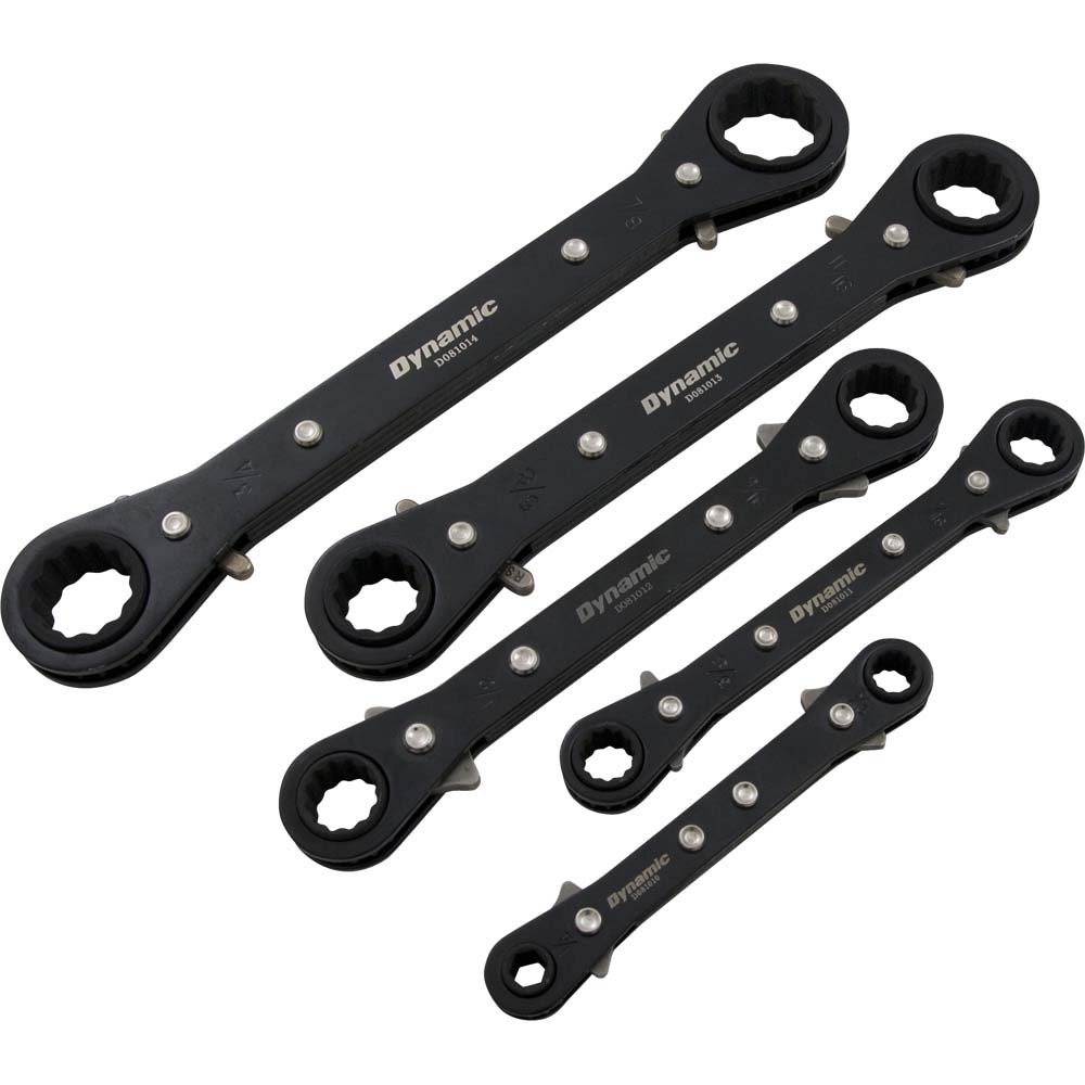 Dynamic 5 Piece Sae Double Box End, Reversible Ratcheting Wrench Set, Straight