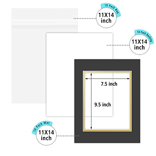 Golden State Art, Pack of 10 11x14 Double Picture Mats with White Core Bevel Cut for 8x10 Pictures + Backing + Bags, Mix Color