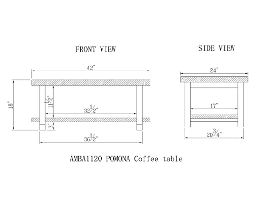 Alaterre Furniture Pomona Rustic Industrial Modern Vintage Metal and Solid Wood Coffee Table, Easy Assembly, 42 in x 24 in x 18 in ,Brown