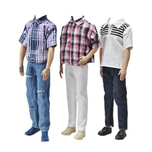 e-ting 3 sets fashion casual wear plaid doll clothes jacket pants outfits with 3 pairs shoes for 12 inches boy dolls