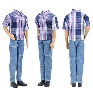 E-TING 3 Sets Fashion Casual Wear Plaid Doll Clothes Jacket Pants Outfits with 3 Pairs Shoes for 12 Inches boy Dolls