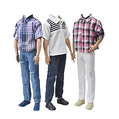 E-TING 3 Sets Fashion Casual Wear Plaid Doll Clothes Jacket Pants Outfits with 3 Pairs Shoes for 12 Inches boy Dolls