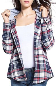 bomdeals women's classic plaid cotton hoodie button-up check shirts (m,gray)