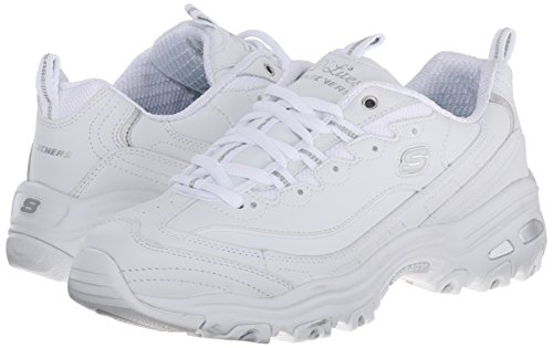 Skechers Women's D'Lites Memory Foam Lace-up Sneaker,White Silver,7 M US