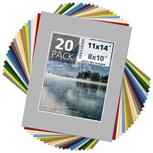 Mat Board Center, Pack of 20 11x14 MIXED COLORS White Core Picture Mats for 8x10 Photos pictures and prints.