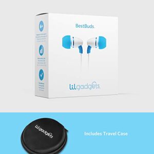 LilGadgets BestBuds Kids Earbuds for School - Safe & Comfortable, Volume Limited, Wired in-Ear Kids Ear Buds with an in-Line Microphone, Travel Case, and Splitter - Blue