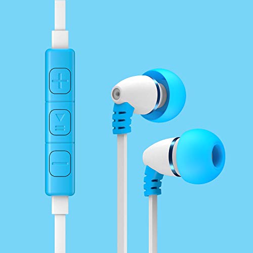 LilGadgets BestBuds Kids Earbuds for School - Safe & Comfortable, Volume Limited, Wired in-Ear Kids Ear Buds with an in-Line Microphone, Travel Case, and Splitter - Blue