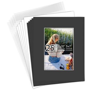 golden state art, acid-free pre-cut 8x10 black picture mat sets, pack of 25, white core bevel cut mats for 5x7 photos, 25 backing boards and 25 crystal clear plastic sleeves bags