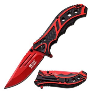 mtech usa mt-a907rd spring assist folding knife, red straight edge blade, red & black handle, 4.75" closed