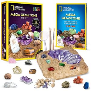 national geographic mega gemstone dig kit – dig up 15 real gemstones and crystals, science kit for kids, gem digging kit, gift for girls and boys, mining kit, rock collection (amazon exclusive)