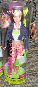 barbie fashion fever doll with blue jean jacket, cropped plaid pants, green and khaki canvas bag, pink sandal heels