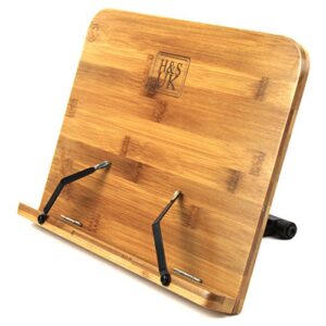 h&s bamboo recipe book holder - foldable & portable cookbook stand for desk - adjustable holder for reading in bed or kitchen