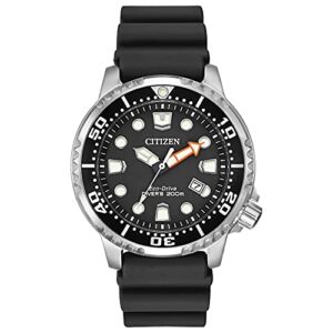citizen promaster dive eco-drive watch, 3-hand date, iso certified, luminous hands and markers, rotating bezel, black/stainless (model: bn0150-28e)