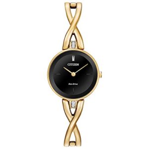 citizen women's eco-drive modern axiom bangle watch in gold-tone stainless steel, black dial (model: ex1422-54e)