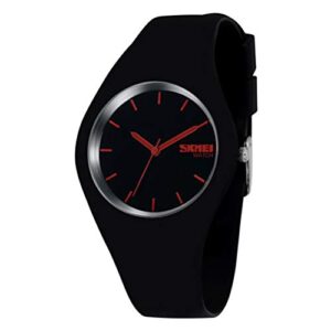 gosasa casual simple style silicone strap women sports watches 30m waterproof (black red hands)