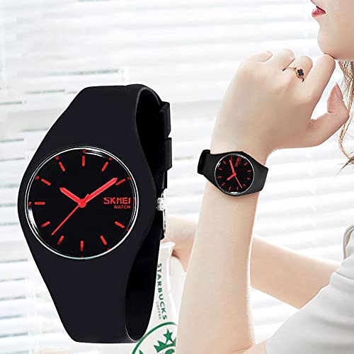 Gosasa Casual Simple Style Silicone Strap Women Sports Watches 30M Waterproof (Black Red Hands)