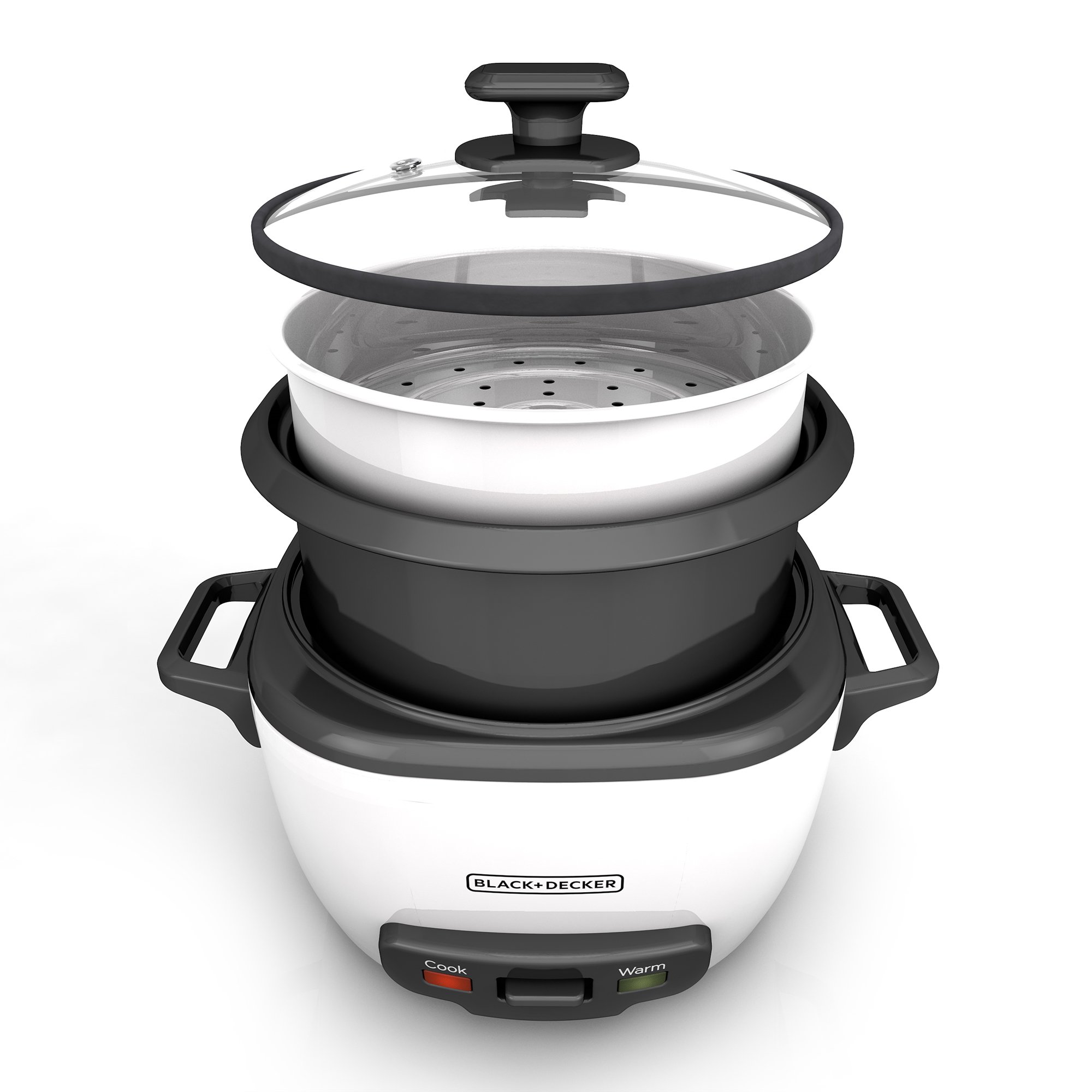 BLACK+DECKER Rice Cooker 16 Cups Cooked (8 Cups Uncooked) with Steaming Basket, Removable Non-Stick Bowl, White