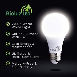 Bioluz LED 40 Watt LED Light Bulbs 2700K Warm White 6 Watts = 40W Non-Dimmable A19 LED Light Bulbs 6 Pack