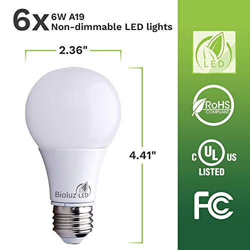 Bioluz LED 40 Watt LED Light Bulbs 2700K Warm White 6 Watts = 40W Non-Dimmable A19 LED Light Bulbs 6 Pack