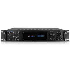 bluetooth home stereo amplifier, digital hybrid multi channel, 1500 watt, preamp, tuner with usb and sd inputs, 2 mic inputs, am/fm digital tuner, wireless remote, bass & treble controls