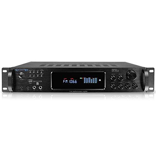 Bluetooth Home Stereo Amplifier, Digital Hybrid Multi Channel, 1500 Watt, Preamp, Tuner with USB and SD Inputs, 2 Mic Inputs, AM/FM digital tuner, Wireless Remote, Bass & Treble Controls