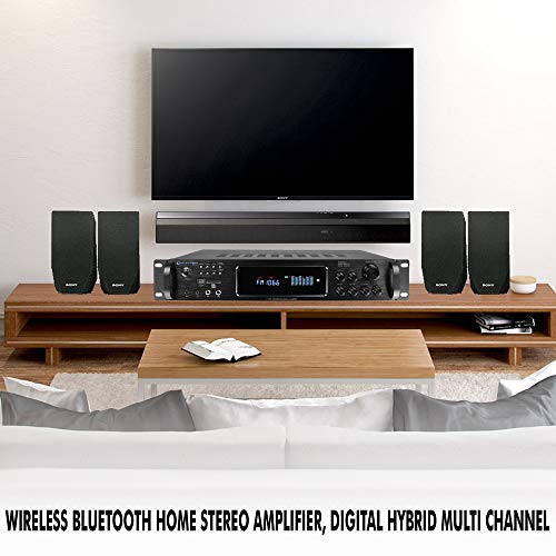 Bluetooth Home Stereo Amplifier, Digital Hybrid Multi Channel, 1500 Watt, Preamp, Tuner with USB and SD Inputs, 2 Mic Inputs, AM/FM digital tuner, Wireless Remote, Bass & Treble Controls