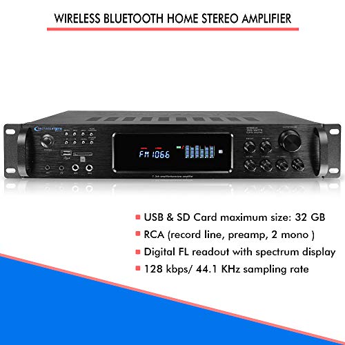 Bluetooth Home Stereo Amplifier, Digital Hybrid Multi Channel, 1500 Watt, Preamp, Tuner with USB and SD Inputs, 2 Mic Inputs, AM/FM digital tuner, Wireless Remote, Bass & Treble Controls