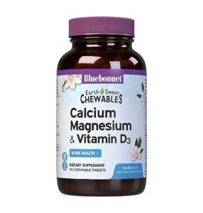 bluebonnet nutrition calcium magnesium plus vitamin d3 earthsweet, bone health & muscle relaxation, soy-free, gluten-free, kosher certified, dairy-free, 90 vanilla flavored chewable tablets