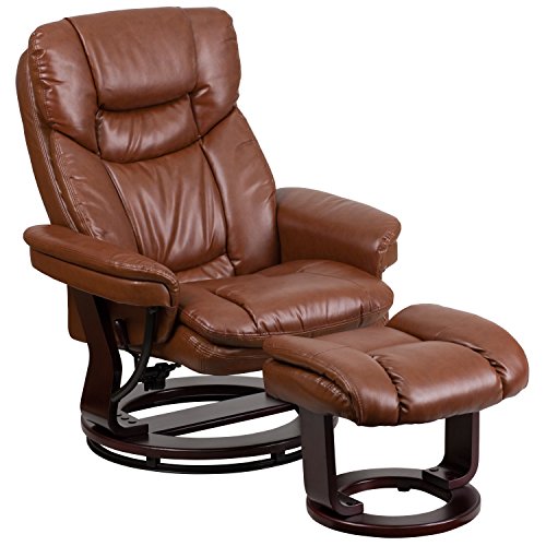 Flash Furniture Allie Contemporary Multi-Position Recliner and Curved Ottoman with Swivel Mahogany Wood Base in Brown Vintage LeatherSoft