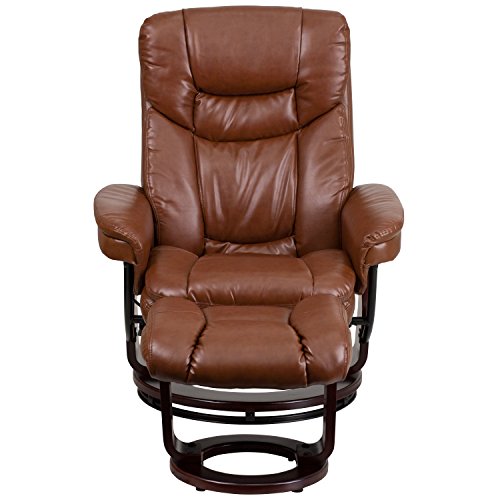 Flash Furniture Allie Contemporary Multi-Position Recliner and Curved Ottoman with Swivel Mahogany Wood Base in Brown Vintage LeatherSoft