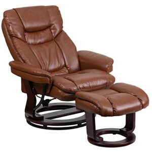 Flash Furniture Allie Contemporary Multi-Position Recliner and Curved Ottoman with Swivel Mahogany Wood Base in Brown Vintage LeatherSoft