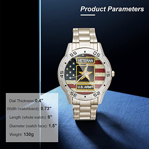 Special Design Military US Army Veteran and American Flag Custom Men's Stainless Steel Analog Watch Sliver Metal Case, Tempered Glass